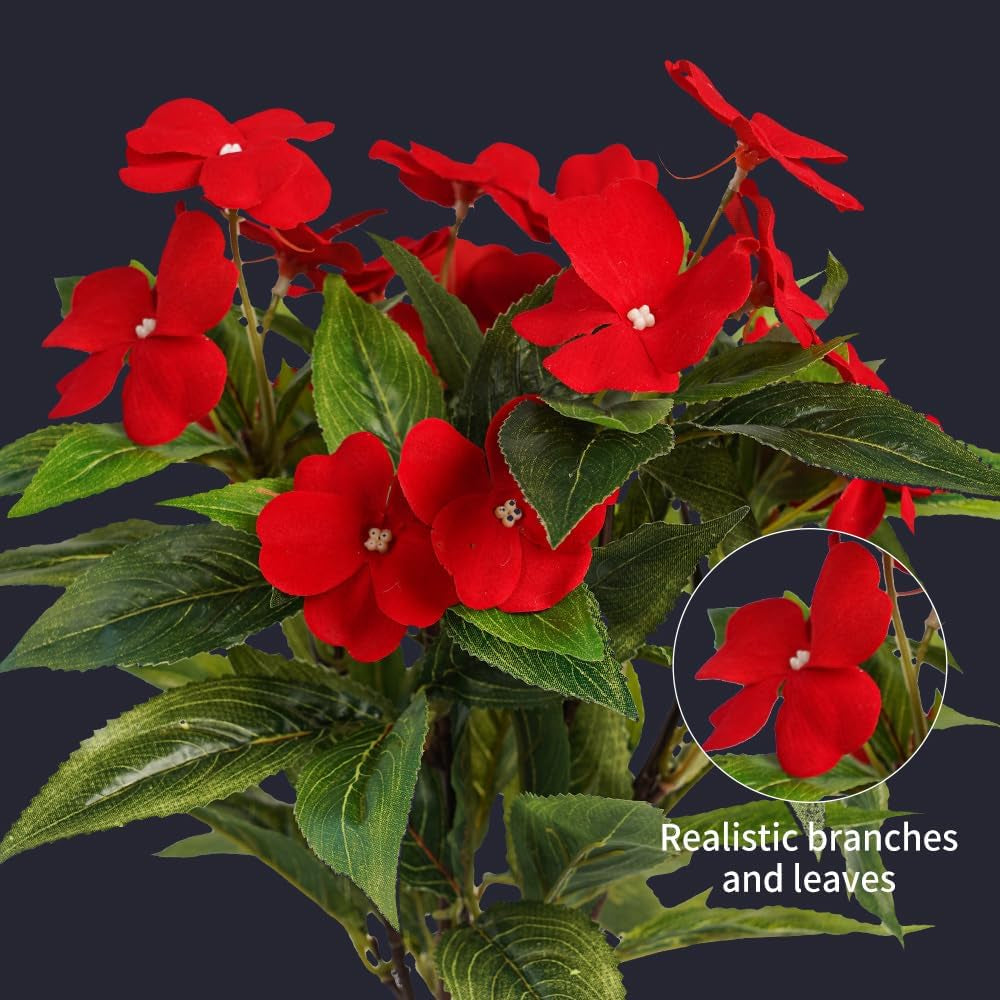 Artificial Plants Outdoor,4Pcs 7Branches Fake Impatiens Artificial Flowers for Outdoors,Faux Plants for Patio Lawn Balcony Garden Window Box Home Decor