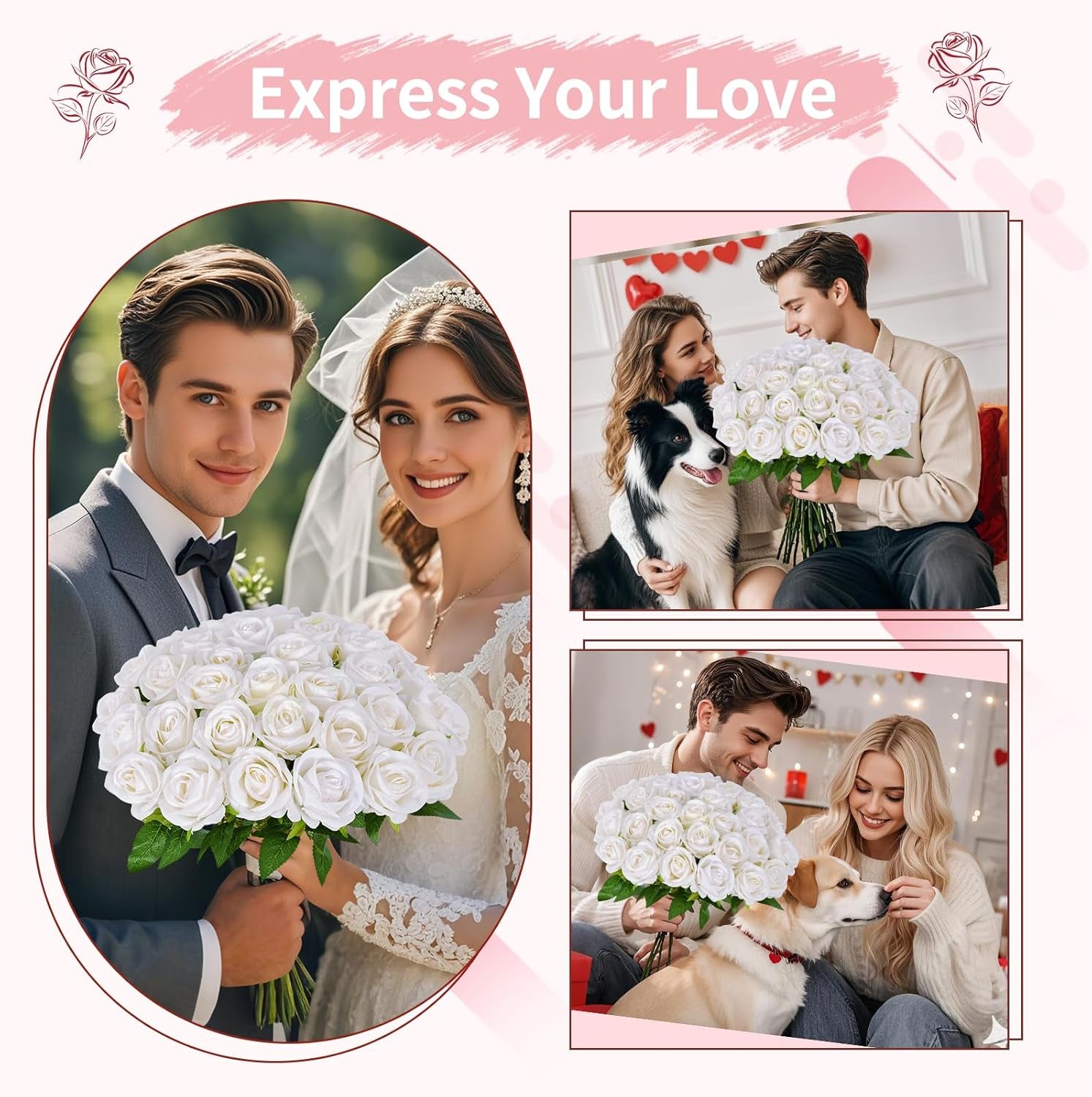102 PCS White Roses Artificial Flowers, Fake White Roses Bouquet,White Artificial Silk Roses with Stems for DIY Wedding Flowers Decoration, Valentines Day Mothers Day, Bridal Bouquet Roses