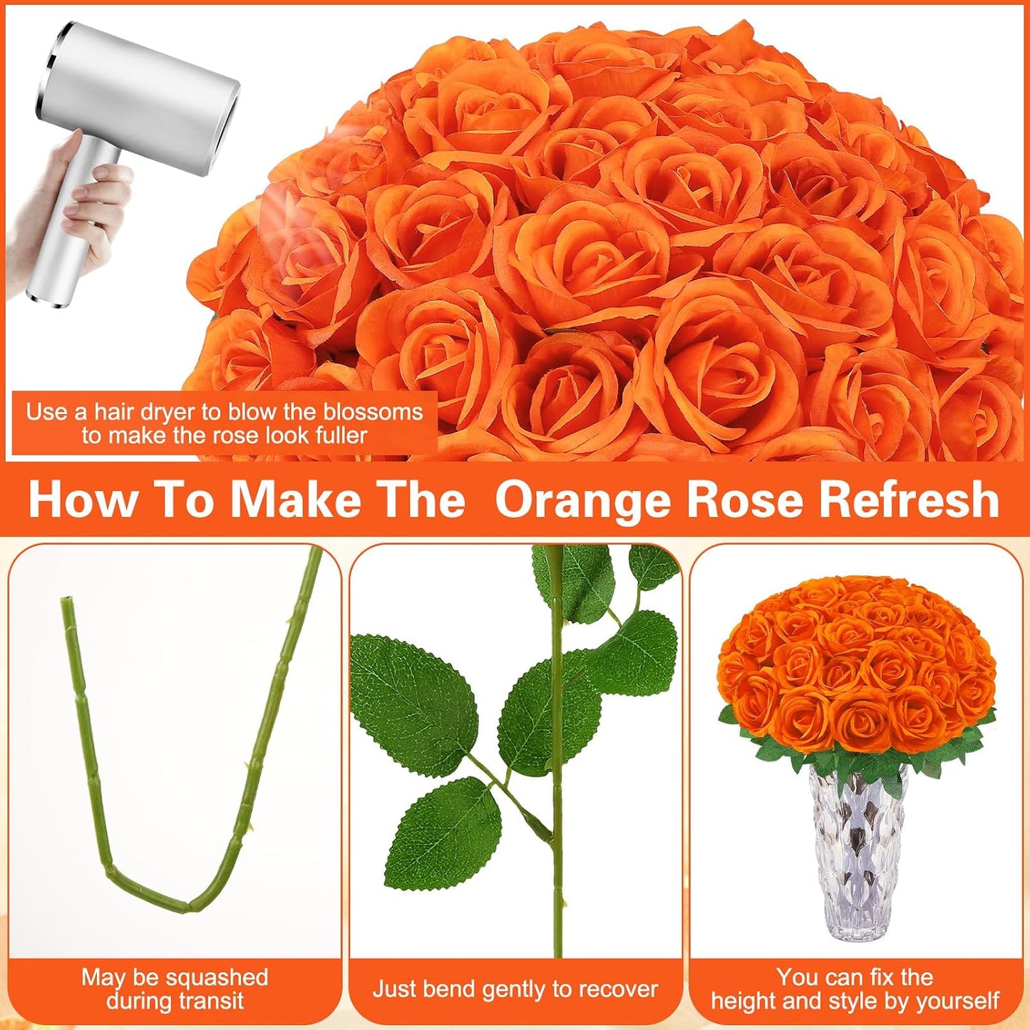 72 Pcs Artificial Roses Burnt Orange Fake Silk Roses Realistic Roses Faux Flower Indoor Wedding Home Decor, Birthday Decorations