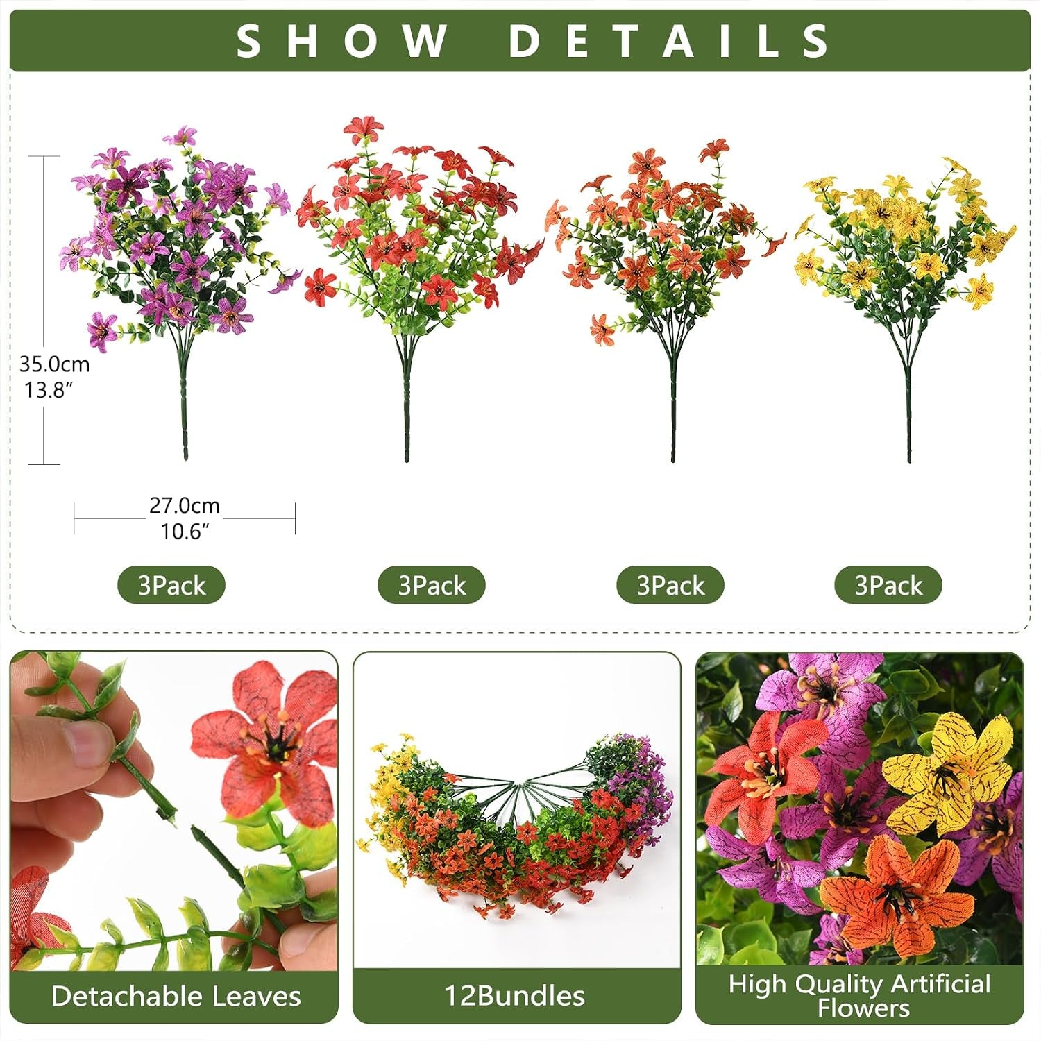 Artificial Flowers for Outdoors Spring Summer Decoration, 12 Bundles Fake Plants UV Resistant Realistic Faux Flower Silk Daisy with Eucalyptus Stem for Patio Planter Porch Yard Window Box Balcony