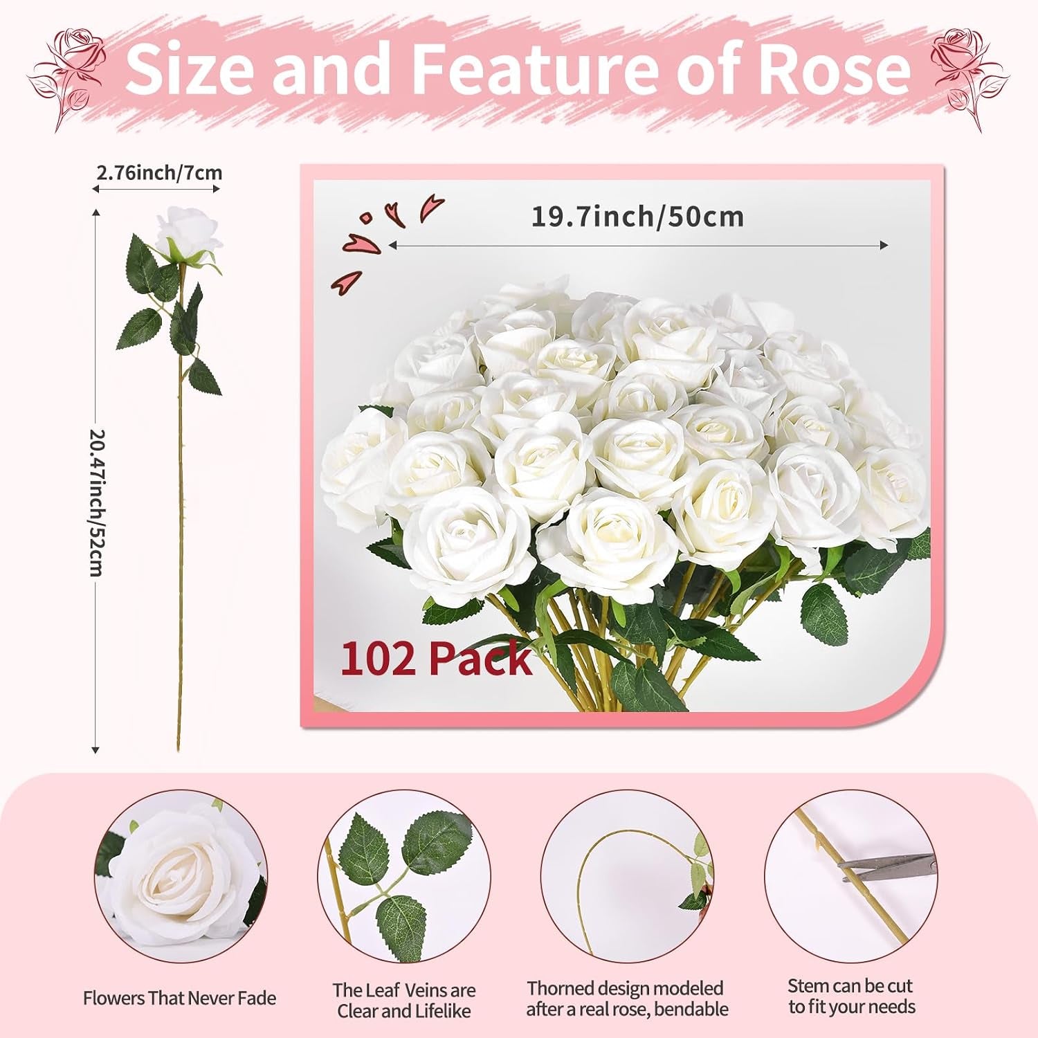 102 PCS White Roses Artificial Flowers, Fake White Roses Bouquet,White Artificial Silk Roses with Stems for DIY Wedding Flowers Decoration, Valentines Day Mothers Day, Bridal Bouquet Roses