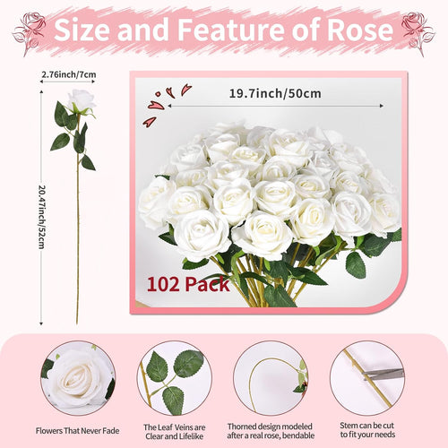 102 PCS White Roses Artificial Flowers, Fake White Roses Bouquet,White Artificial Silk Roses with Stems for DIY Wedding Flowers Decoration, Valentines Day Mothers Day, Bridal Bouquet Roses
