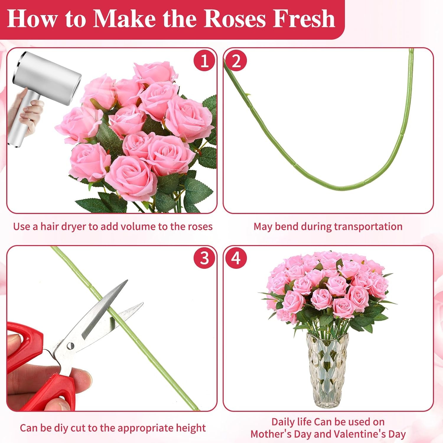 80 Pcs Roses Artificial Flowers, Silk Pink Artificial Flowers Petals Long Stem Roses for Wedding Bouquet Home Party Decor