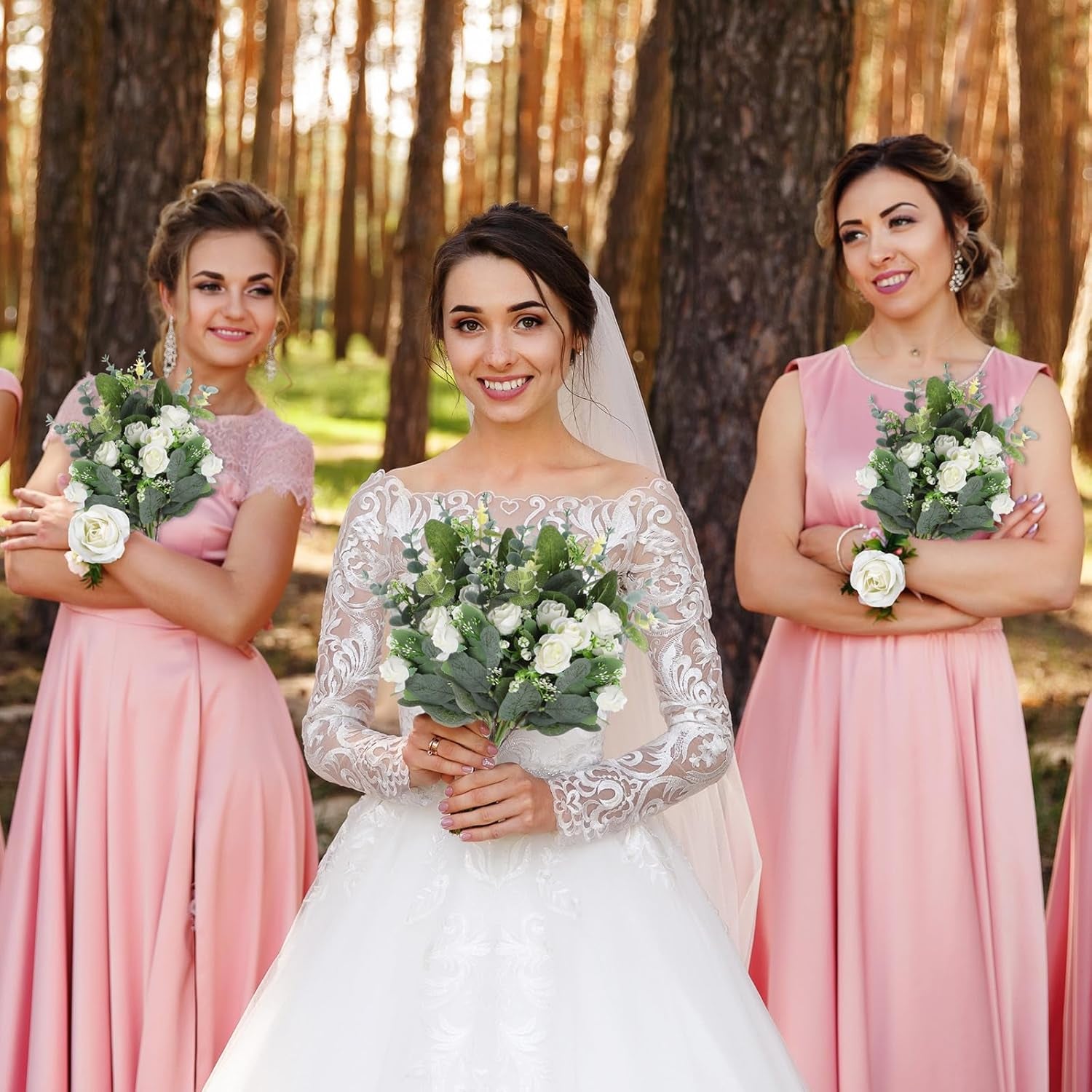 Set of 6 Bridesmaid Bouquets for Wedding, 6 White Roses Bouquets, and 155 Pcs 3 Kinds of Artificial Eucalyptus Stems for Floral Arrangement Table Centerpieces Decorations