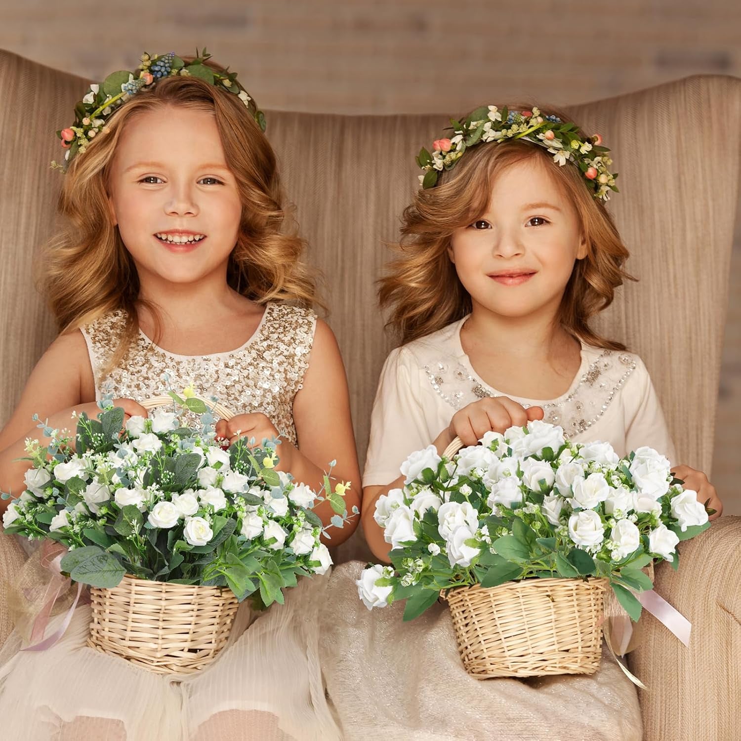 Set of 6 Bridesmaid Bouquets for Wedding, 6 White Roses Bouquets, and 155 Pcs 3 Kinds of Artificial Eucalyptus Stems for Floral Arrangement Table Centerpieces Decorations