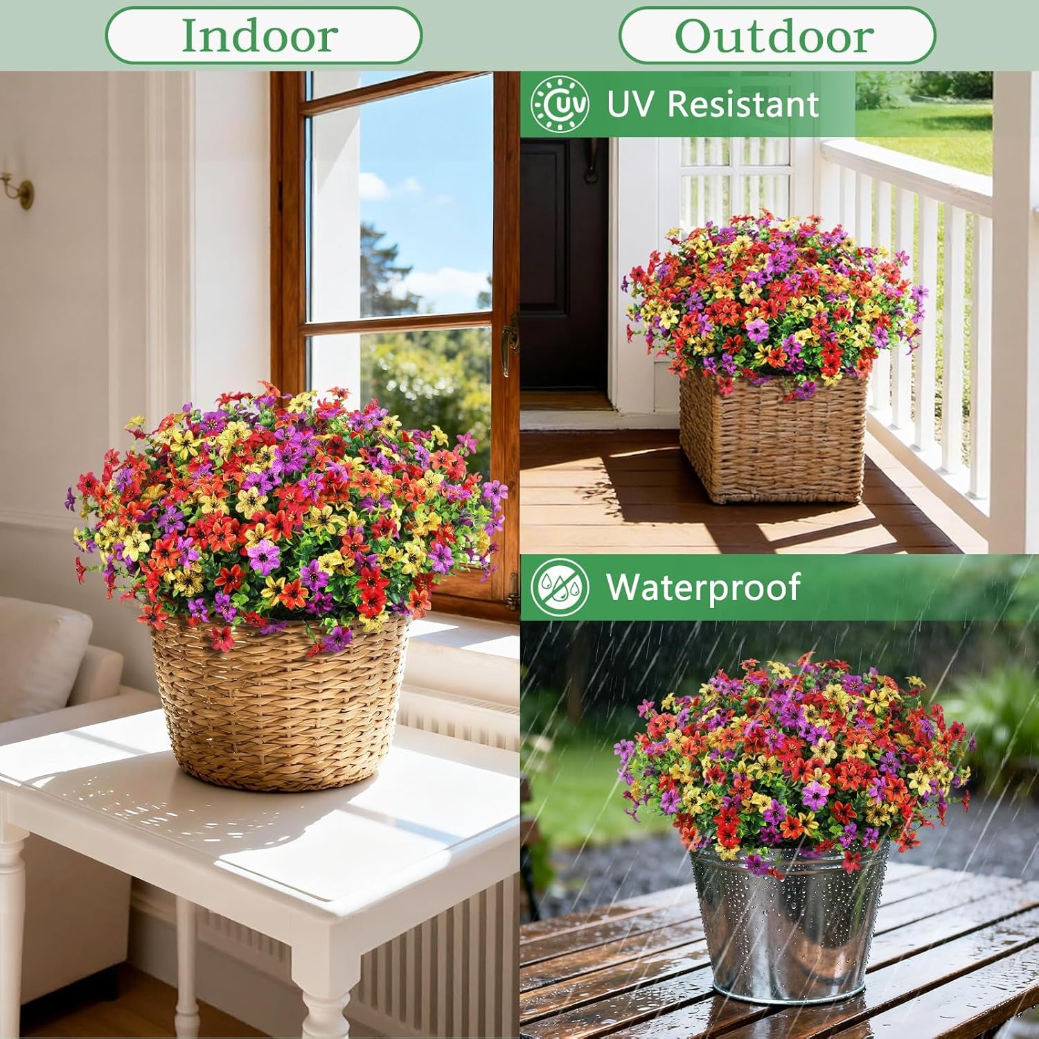 Artificial Flowers for Outdoors Spring Summer Decoration, 12 Bundles Fake Plants UV Resistant Realistic Faux Flower Silk Daisy with Eucalyptus Stem for Patio Planter Porch Yard Window Box Balcony