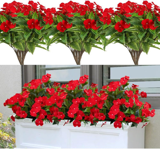 Artificial Plants Outdoor,4Pcs 7Branches Fake Impatiens Artificial Flowers for Outdoors,Faux Plants for Patio Lawn Balcony Garden Window Box Home Decor