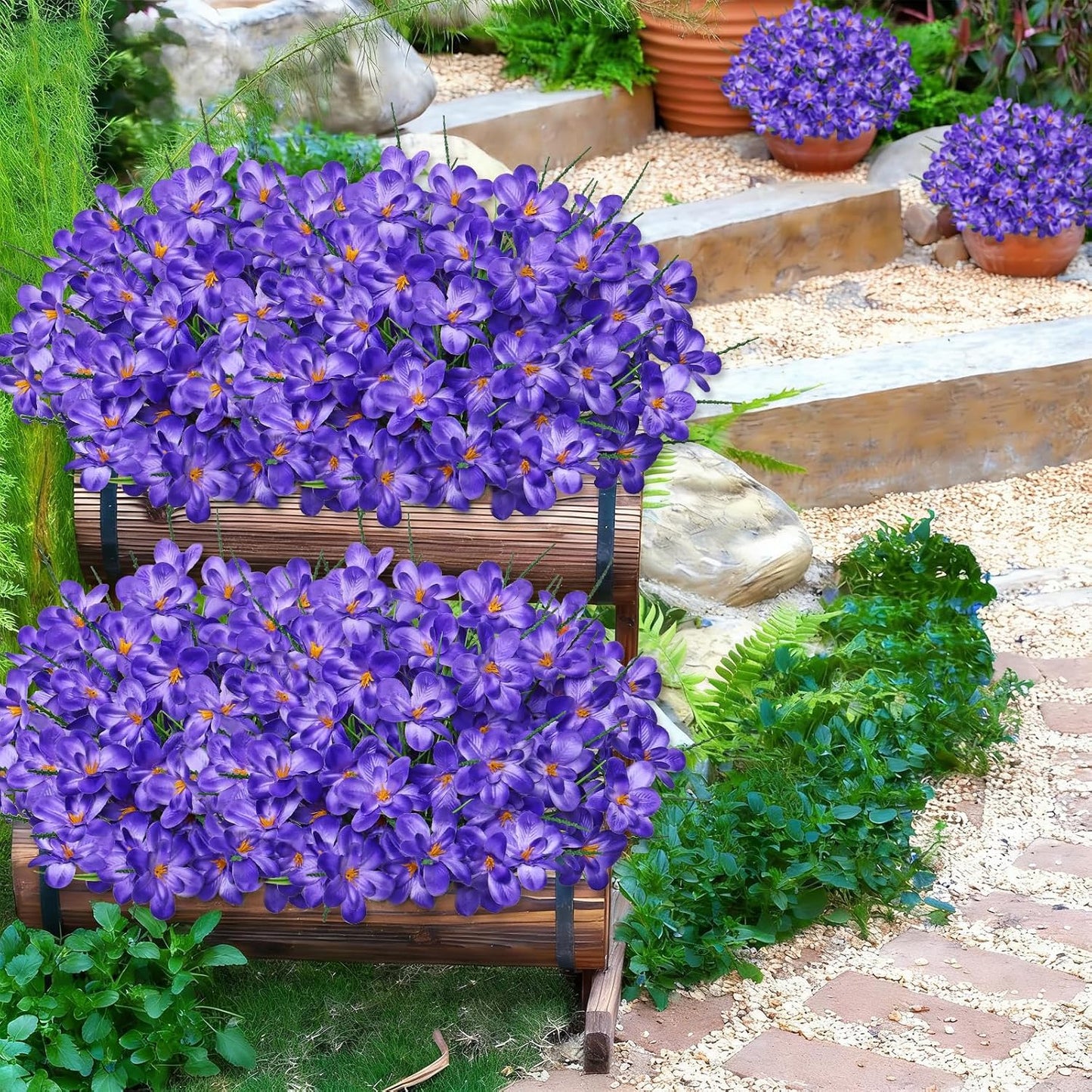 Artificial Flowers for Outdoors 6 Bundles Fake Plastic Flowers UV Resistant Silk Freesia Purple Flowers Artificial Plants & Flowers for Vase Planters Garden Home Wedding Front Door Decor