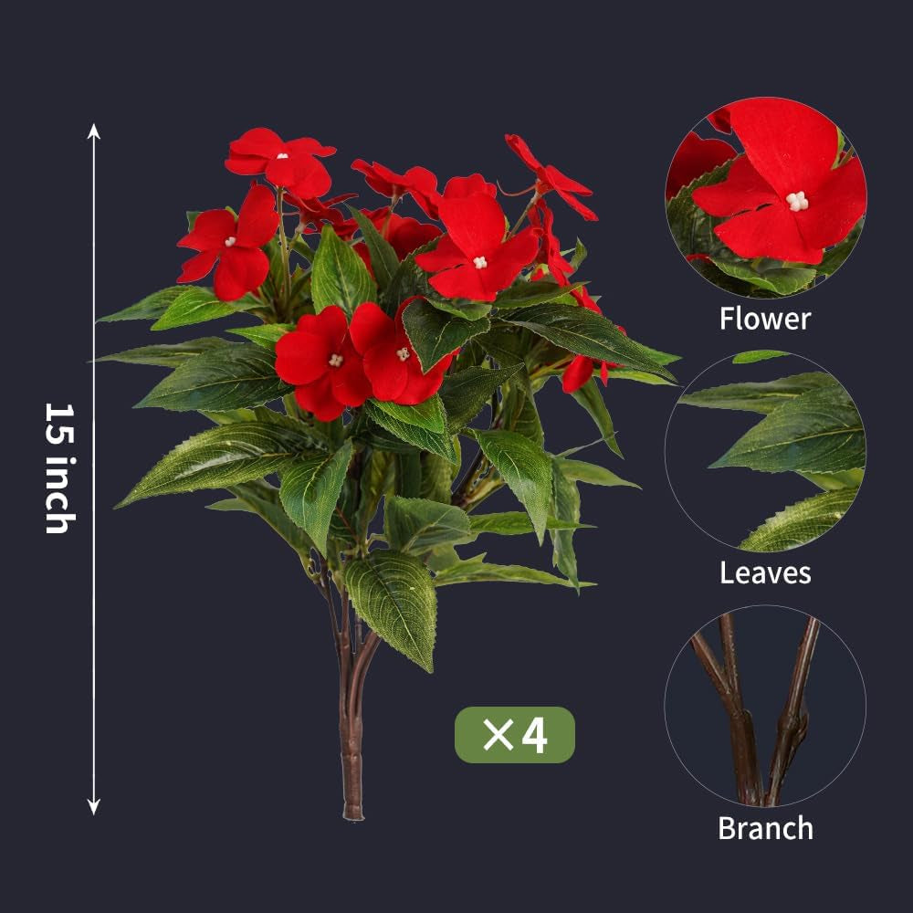 Artificial Plants Outdoor,4Pcs 7Branches Fake Impatiens Artificial Flowers for Outdoors,Faux Plants for Patio Lawn Balcony Garden Window Box Home Decor