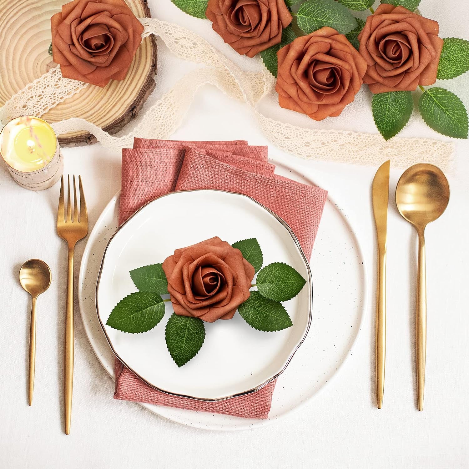 50Pcs Burnt Orange Roses Artificial Flowers, Rust Fake Rose for Decoration, Real Touch Terracotta Foam Roses Bulk with Stems Wedding Bouquet Bridal Shower Centerpieces Arrangement Party Decor