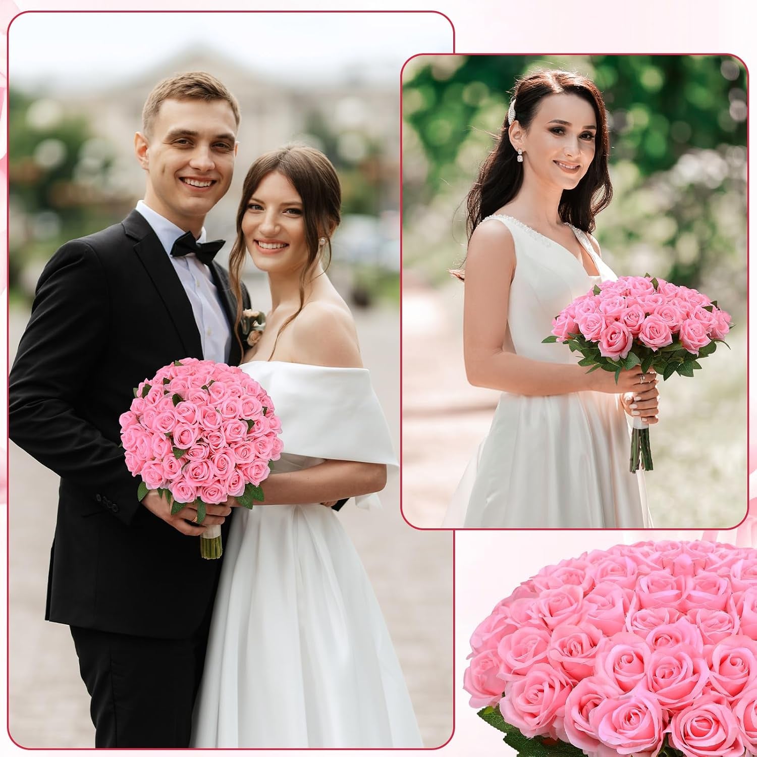 80 Pcs Roses Artificial Flowers, Silk Pink Artificial Flowers Petals Long Stem Roses for Wedding Bouquet Home Party Decor