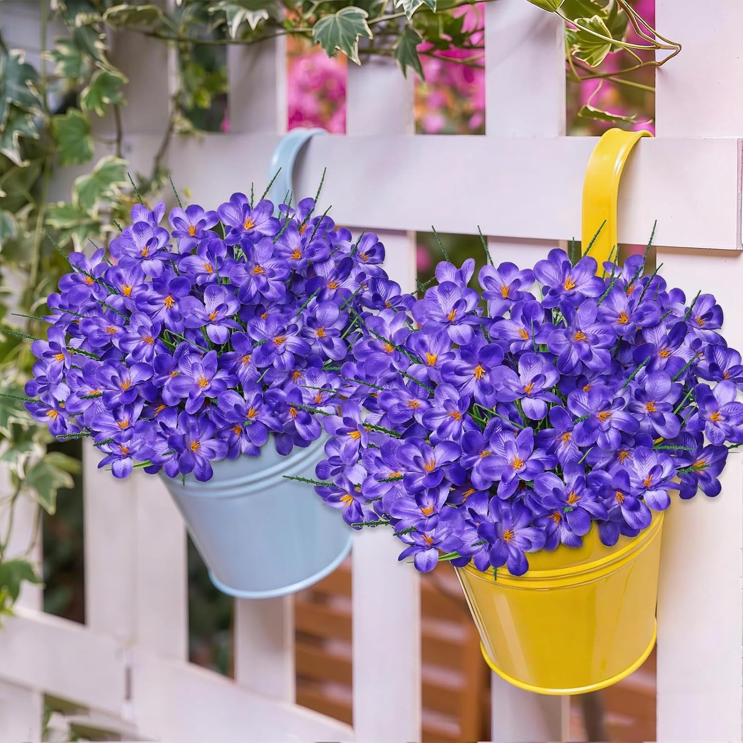 Artificial Flowers for Outdoors 6 Bundles Fake Plastic Flowers UV Resistant Silk Freesia Purple Flowers Artificial Plants & Flowers for Vase Planters Garden Home Wedding Front Door Decor