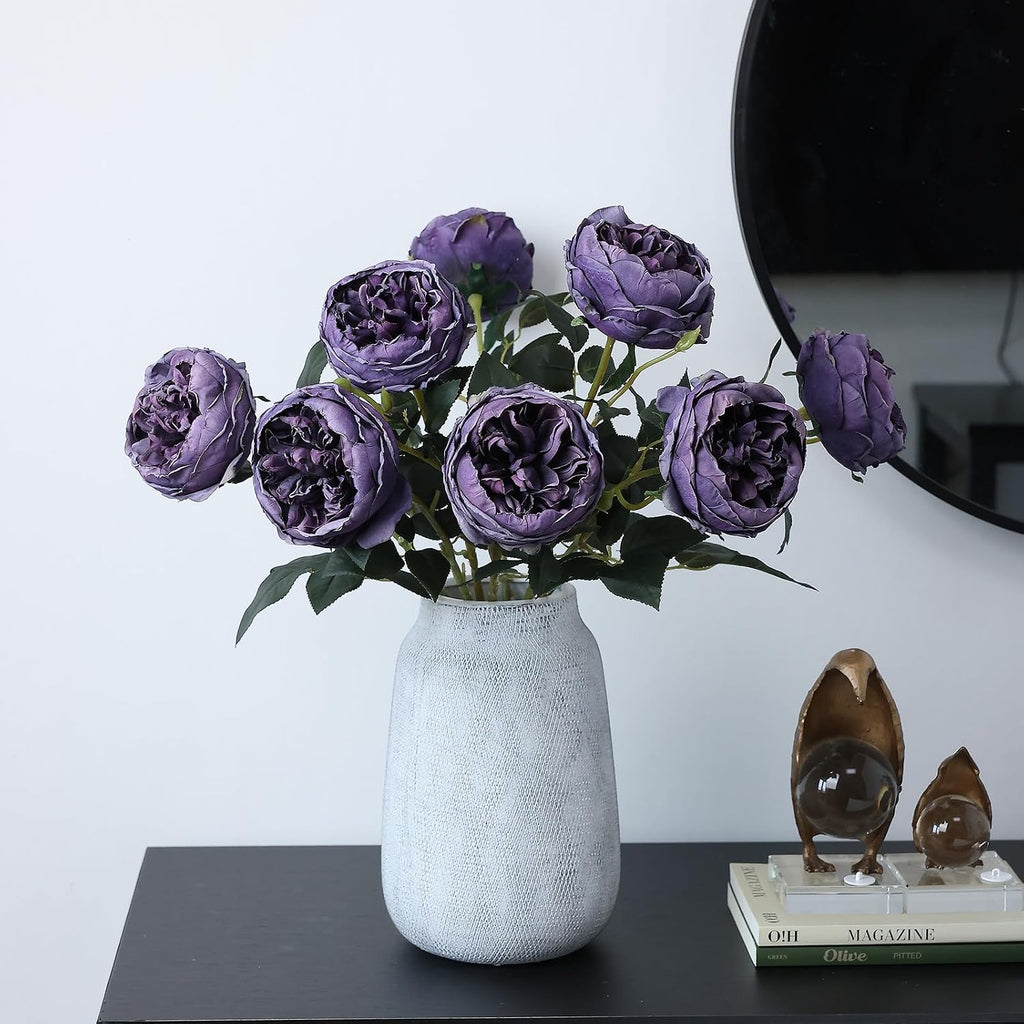 6Pcs Burnt Purple Artificial Roses Flowers Fake Silk Roses Flower with Long Stem for Wedding Decorations Table Centerpieces Flower Arrangement Home Decor (Burnt Purple)