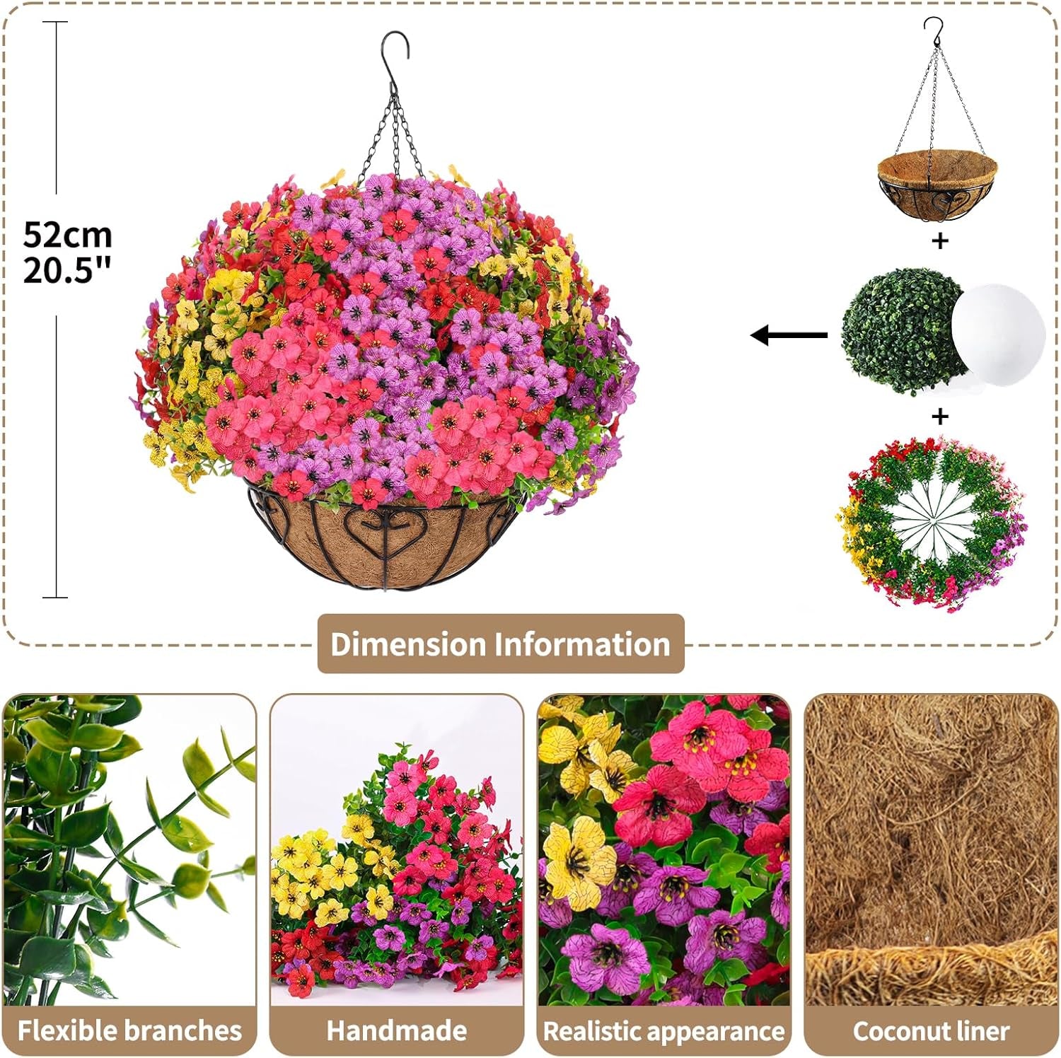 2 Sets Artificial Hanging Flower for Outdoors, Fake Hanging Basket for Outside,2 Hanging Basket with 26 Pcs Faux Silk Flowers for Porch, Balcony and Patio Decor(Mixed)