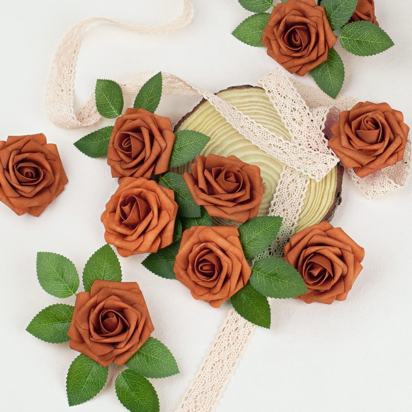 50Pcs Burnt Orange Roses Artificial Flowers, Rust Fake Rose for Decoration, Real Touch Terracotta Foam Roses Bulk with Stems Wedding Bouquet Bridal Shower Centerpieces Arrangement Party Decor