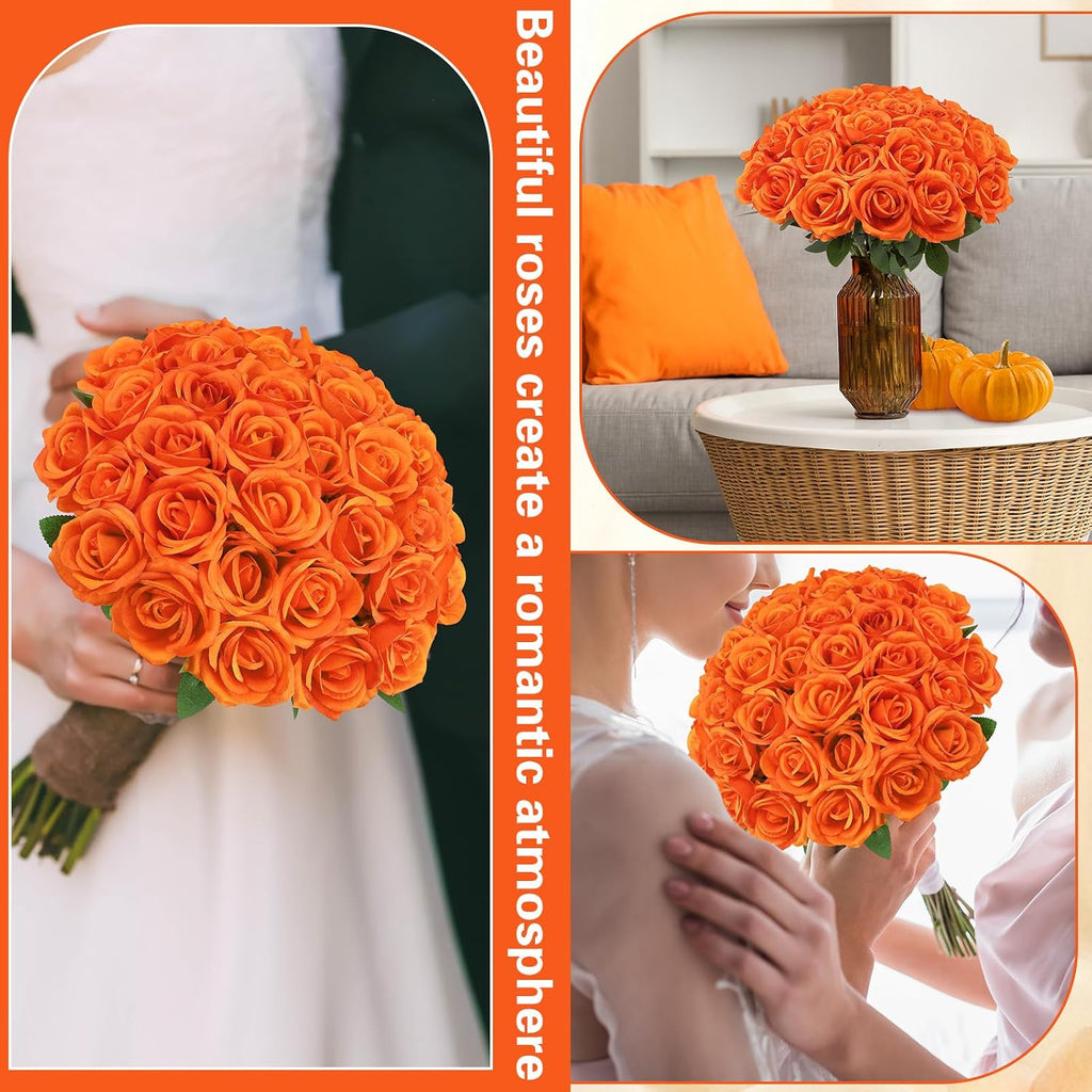 72 Pcs Artificial Roses Burnt Orange Fake Silk Roses Realistic Roses Faux Flower Indoor Wedding Home Decor, Birthday Decorations