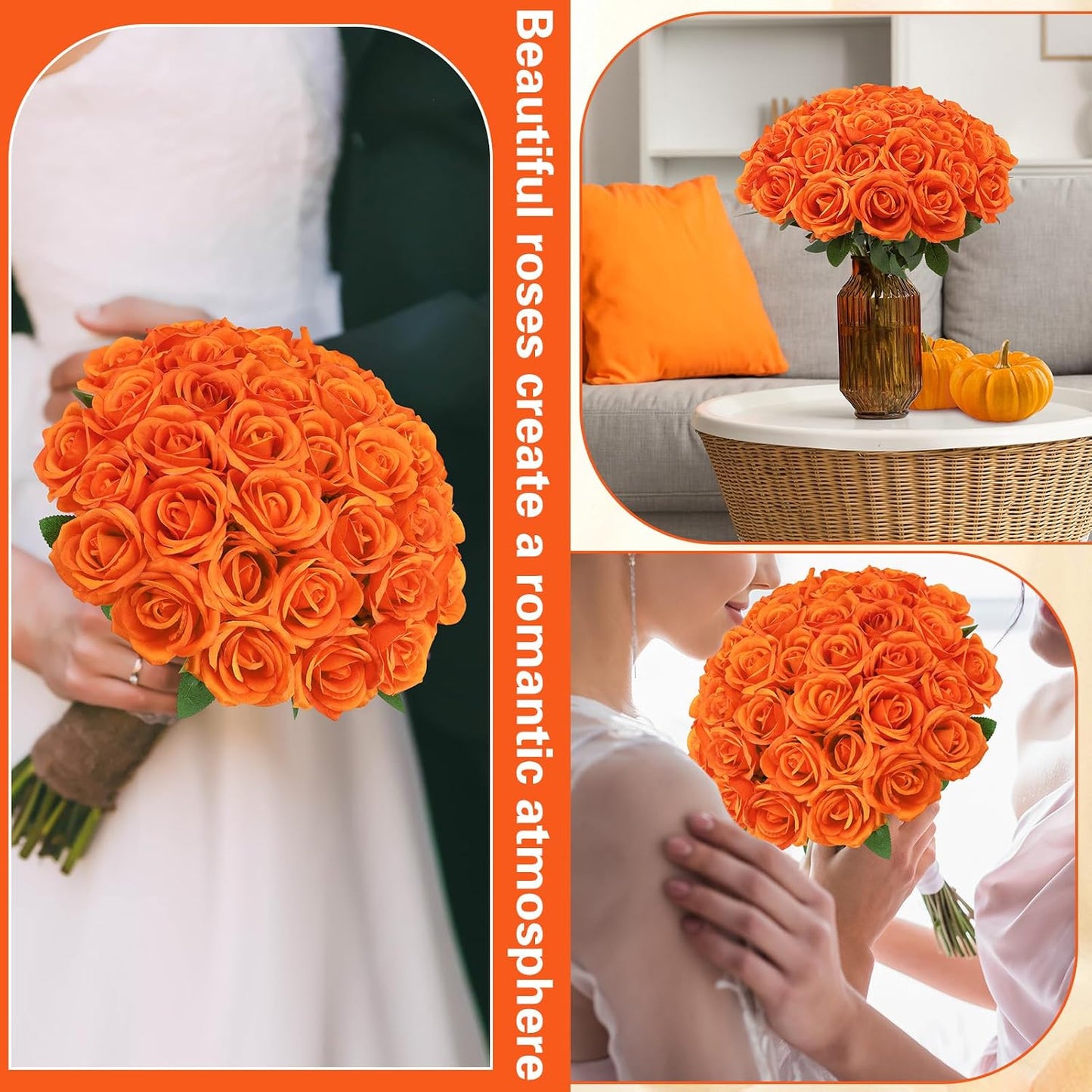 72 Pcs Artificial Roses Burnt Orange Fake Silk Roses Realistic Roses Faux Flower Indoor Wedding Home Decor, Birthday Decorations