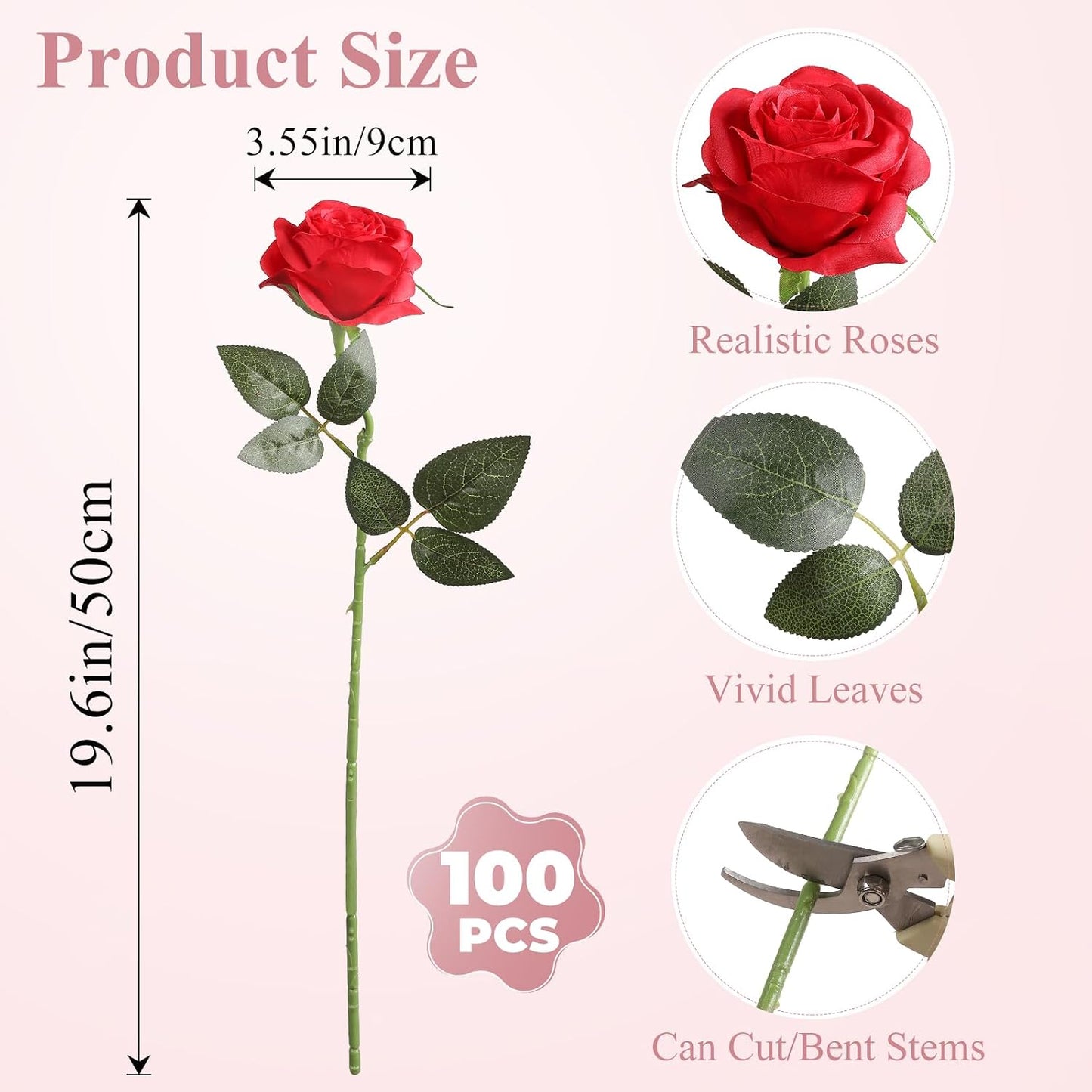 100Pcs Artificial Silk Roses Bulk,Fake Roses Flower with Stems Realistic Flowers for Wedding Centerpiece Home Party Decor(Red)