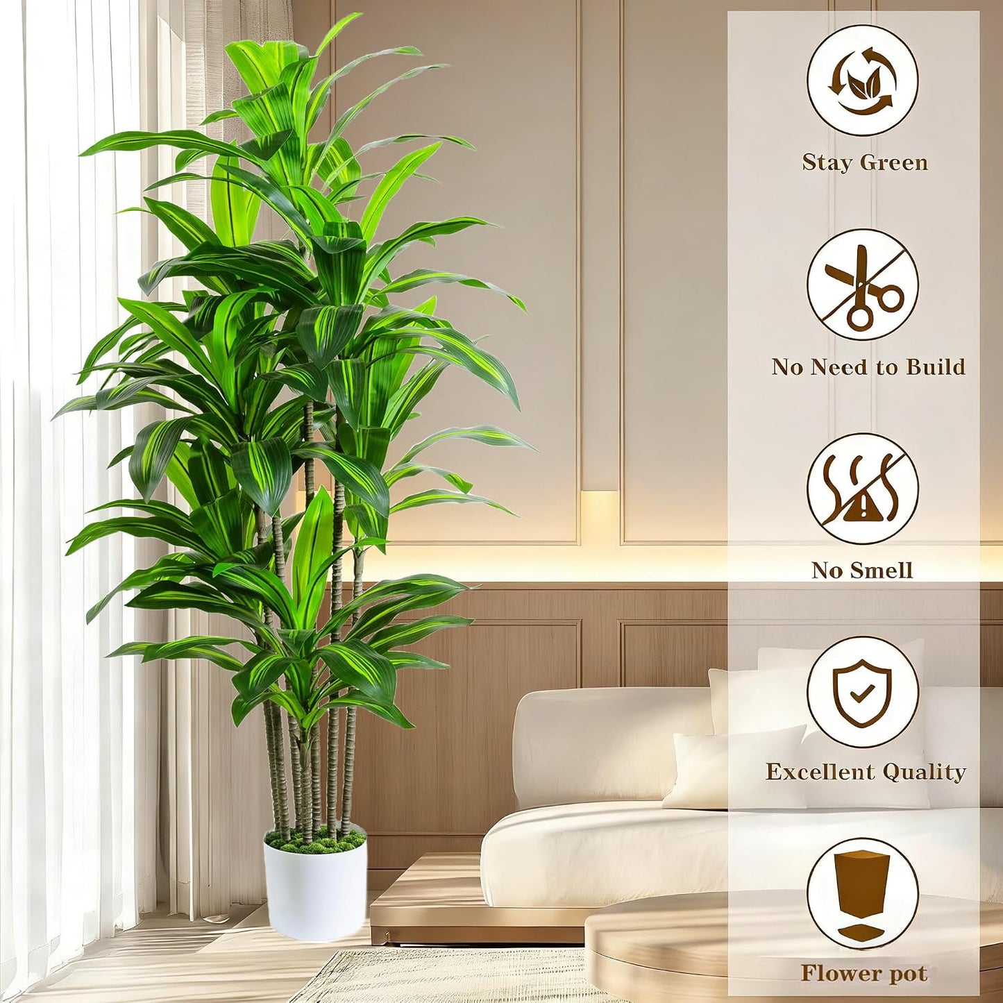 Artificial Dracaena Fake Tree 6FT, White High Pot Artificial Plants Indoor&Outdoor, Fake Plants for Office/Home/Living Room Potted Decoration