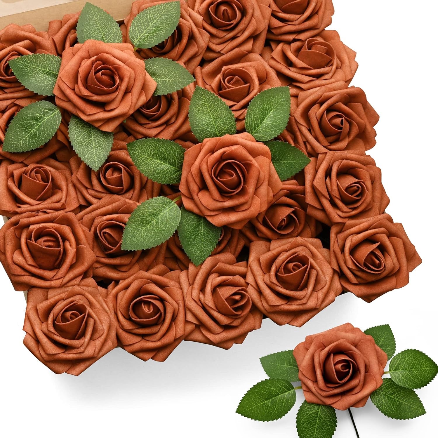 50Pcs Burnt Orange Roses Artificial Flowers, Rust Fake Rose for Decoration, Real Touch Terracotta Foam Roses Bulk with Stems Wedding Bouquet Bridal Shower Centerpieces Arrangement Party Decor