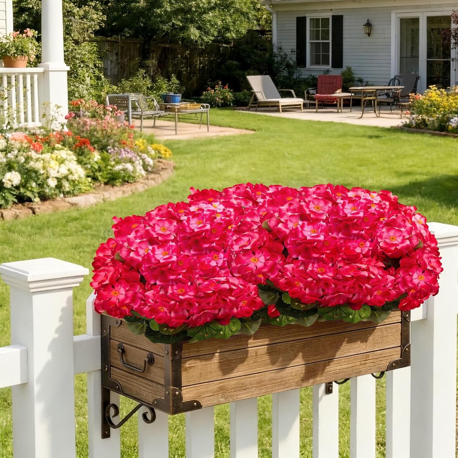 Artificial Flowers for Outdoor, UV Resistant Realistic Geranium Fake Flowers-Faux Flowers for Outdoor Planters, Garden, Porch, Patio, Window Box Home Decor All Year round (6, Rose Red)