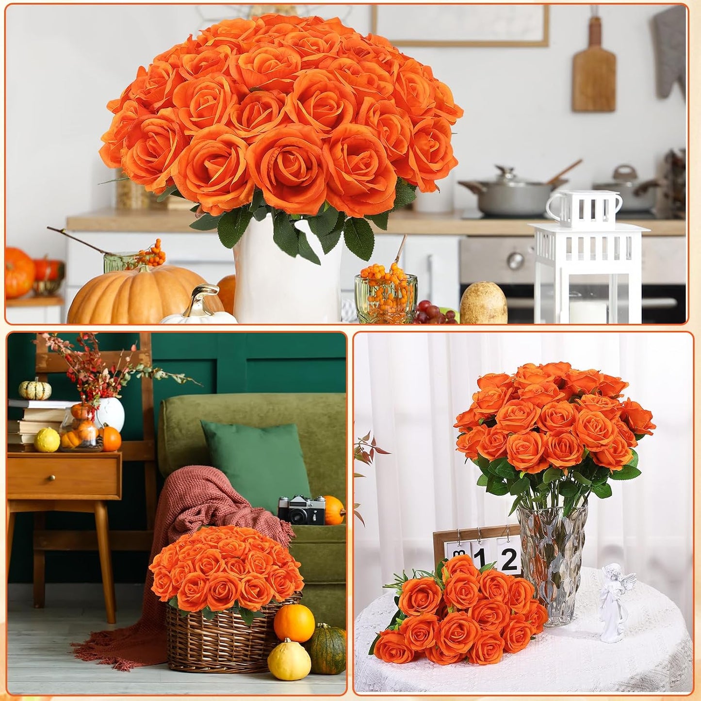 72 Pcs Artificial Roses Burnt Orange Fake Silk Roses Realistic Roses Faux Flower Indoor Wedding Home Decor, Birthday Decorations