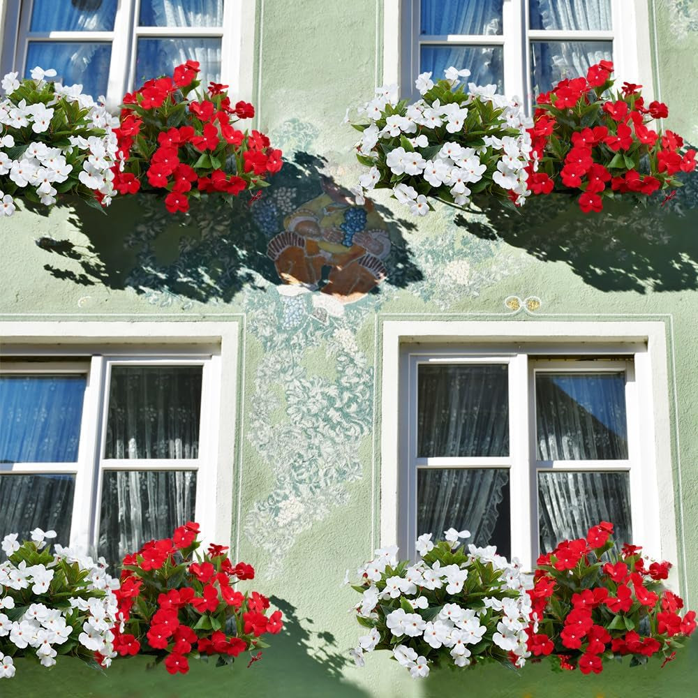 Artificial Plants Outdoor,4Pcs 7Branches Fake Impatiens Artificial Flowers for Outdoors,Faux Plants for Patio Lawn Balcony Garden Window Box Home Decor