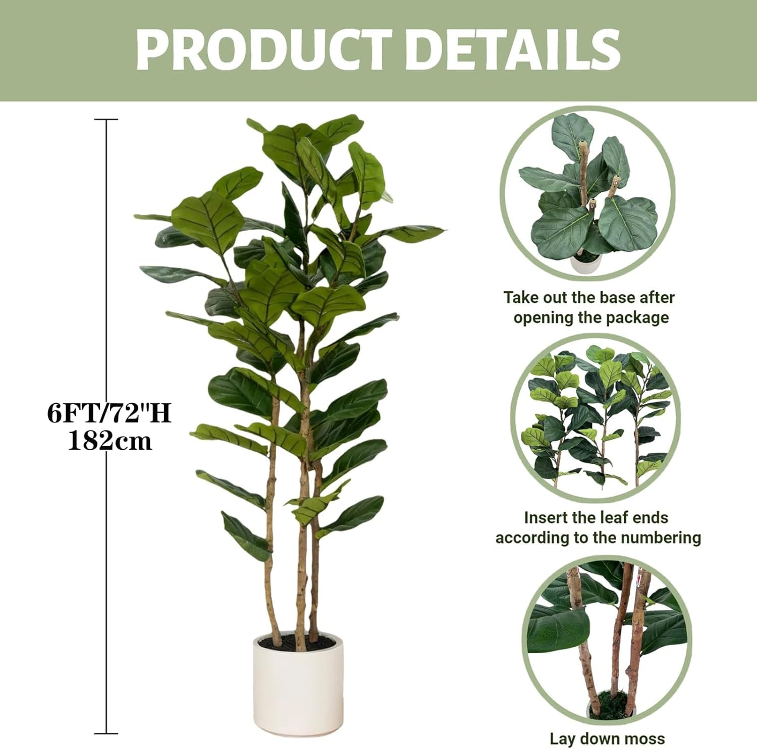 Artificial Fiddle Leaf Fig Tree 6FT with White Tall Planter-Large Faux Tree Tall Fake Floor Plant in Pot,Artificial Plants Indoor for Home Office Living Room Décor(Lyrata 6FT)
