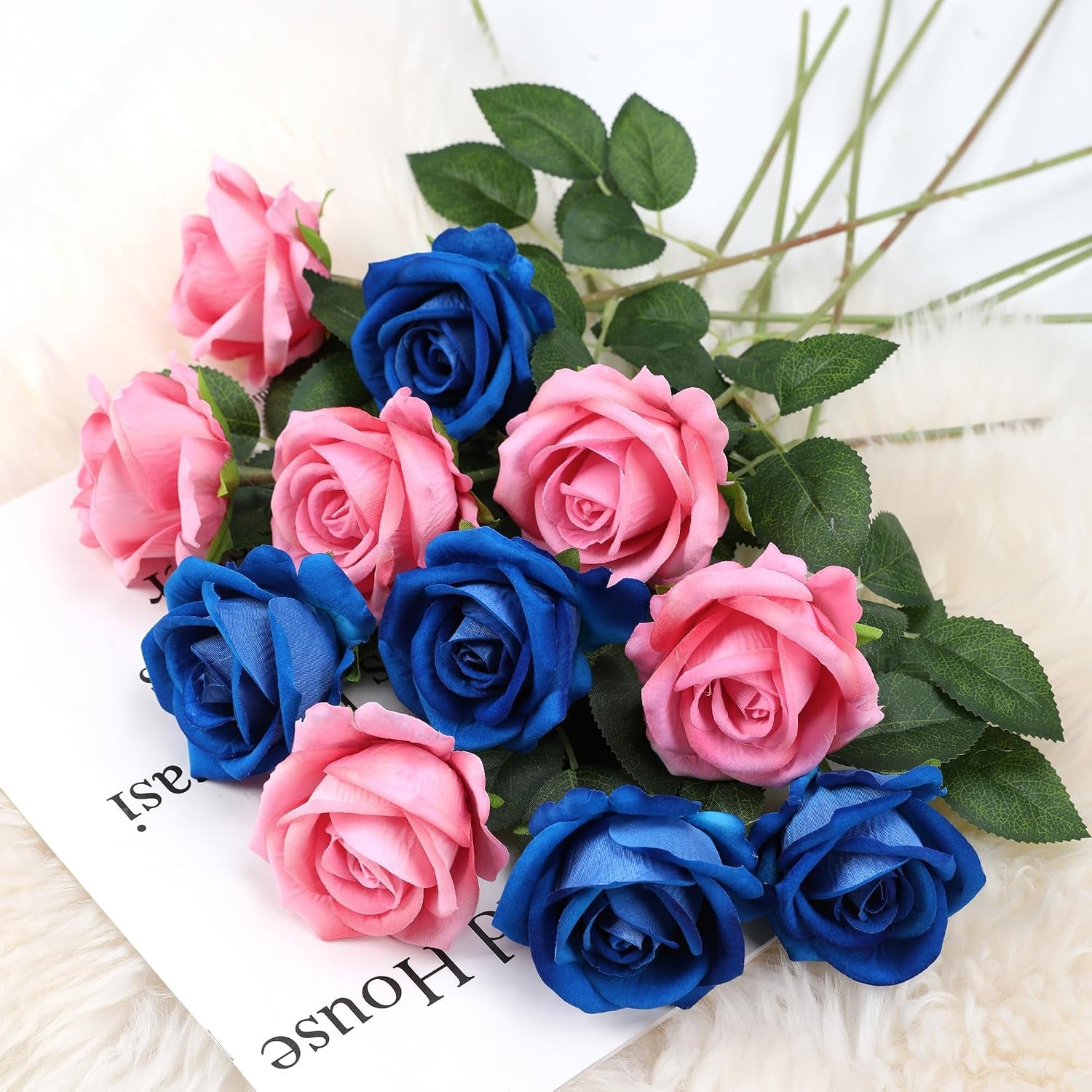 Fake Roses Artificial Silk Flowers - 12 Pcs Blue Roses Artificial Faux Flowers with Stems for Home Wedding Centerpiece Hotel Office Decor