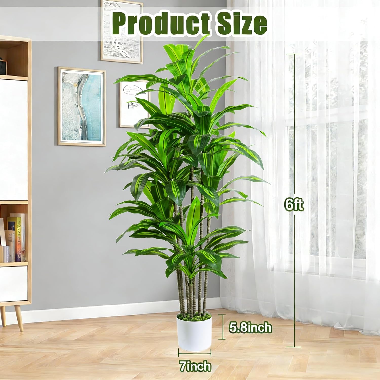 Artificial Dracaena Fake Tree 6FT, White High Pot Artificial Plants Indoor&Outdoor, Fake Plants for Office/Home/Living Room Potted Decoration