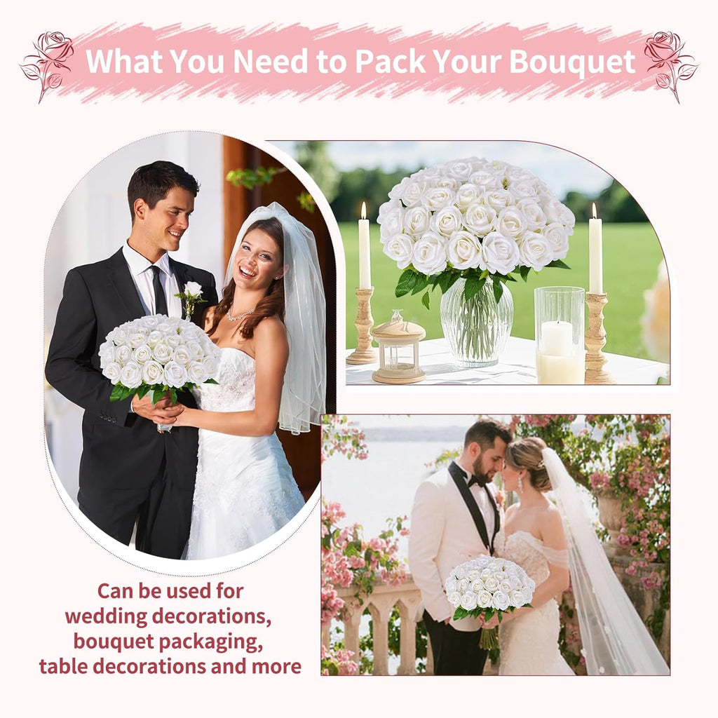 102 PCS White Roses Artificial Flowers, Fake White Roses Bouquet,White Artificial Silk Roses with Stems for DIY Wedding Flowers Decoration, Valentines Day Mothers Day, Bridal Bouquet Roses