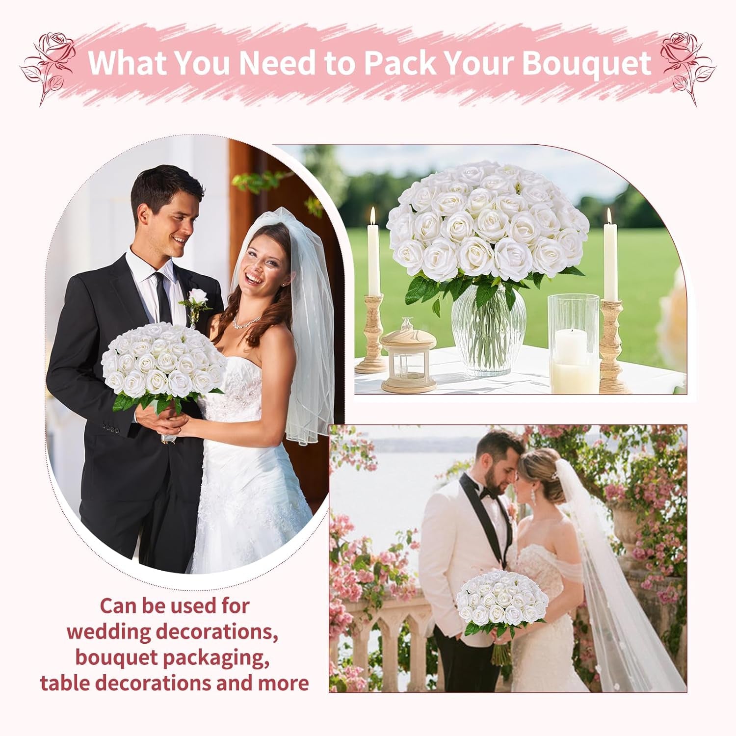 102 PCS White Roses Artificial Flowers, Fake White Roses Bouquet,White Artificial Silk Roses with Stems for DIY Wedding Flowers Decoration, Valentines Day Mothers Day, Bridal Bouquet Roses